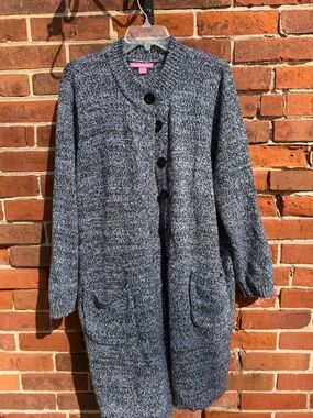 Woman Within Marled Black and White Knit Cardigan with Buttons